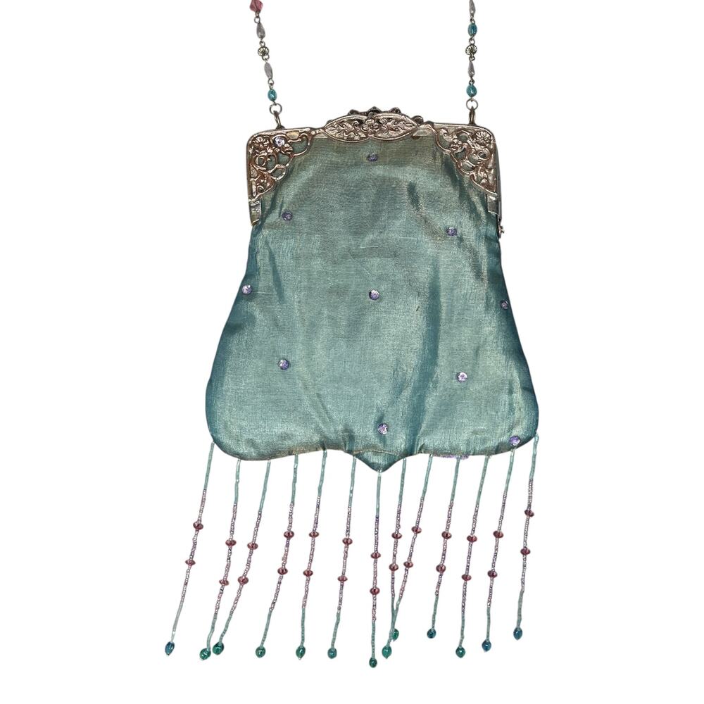 VTG Wayne M. Kleski Evening Bag Hand Beaded Blue Satin Fringe Handbag Victorian - Picture 2 of 9